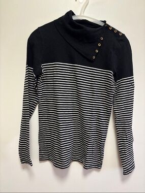 Striped Black & White Button-Neck Sweater